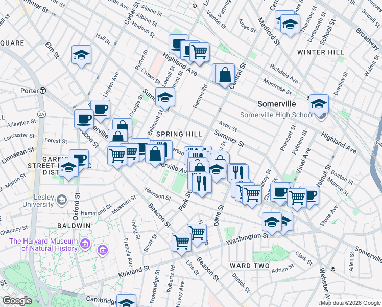 map of restaurants, bars, coffee shops, grocery stores, and more near 15 Central Street in Somerville