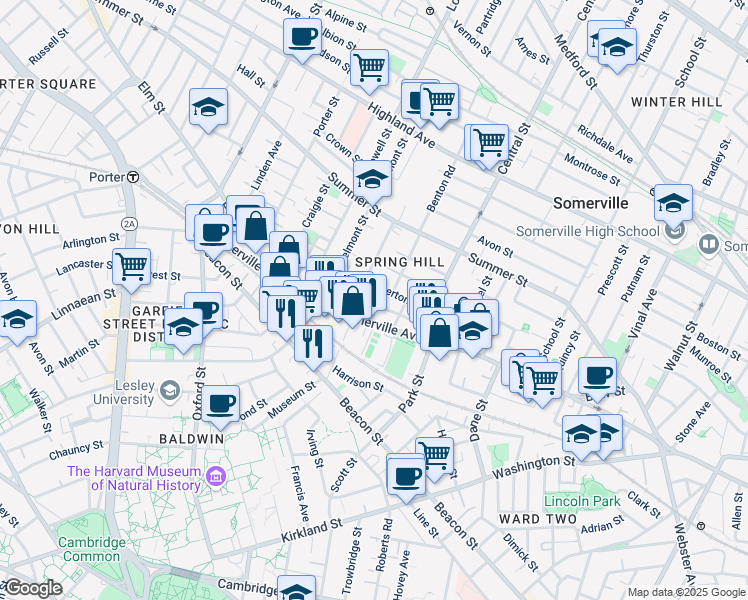 map of restaurants, bars, coffee shops, grocery stores, and more near 593 Somerville Avenue in Somerville