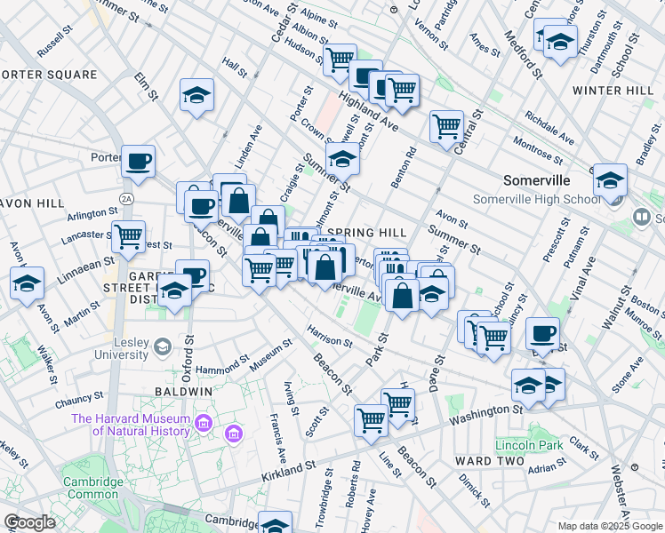 map of restaurants, bars, coffee shops, grocery stores, and more near 593 Somerville Avenue in Somerville
