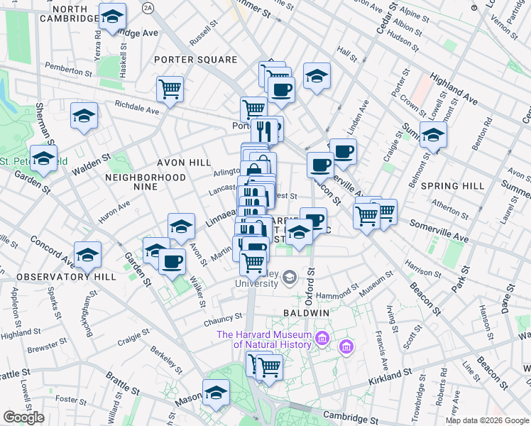 map of restaurants, bars, coffee shops, grocery stores, and more near 1728 Massachusetts Avenue in Cambridge
