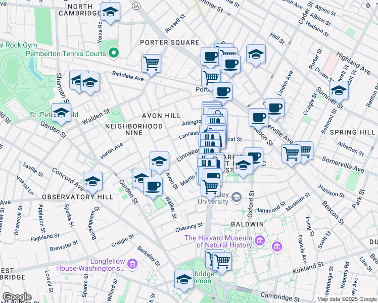 map of restaurants, bars, coffee shops, grocery stores, and more near 27 Hurlbut Street in Cambridge