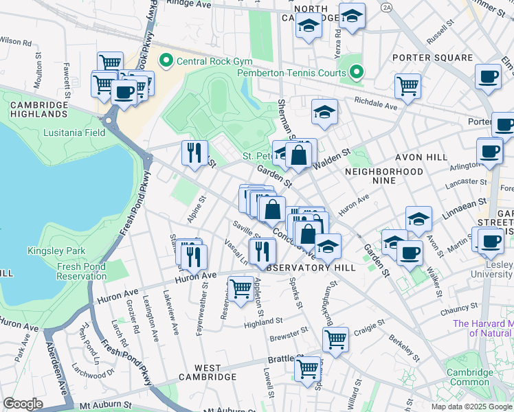 map of restaurants, bars, coffee shops, grocery stores, and more near 302 Concord Avenue in Cambridge