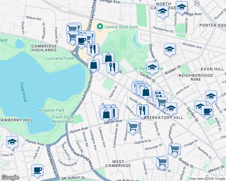 map of restaurants, bars, coffee shops, grocery stores, and more near 95 Chilton Street in Cambridge
