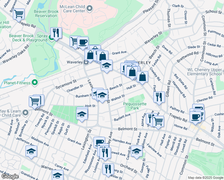 map of restaurants, bars, coffee shops, grocery stores, and more near 91R Walnut Street in Belmont