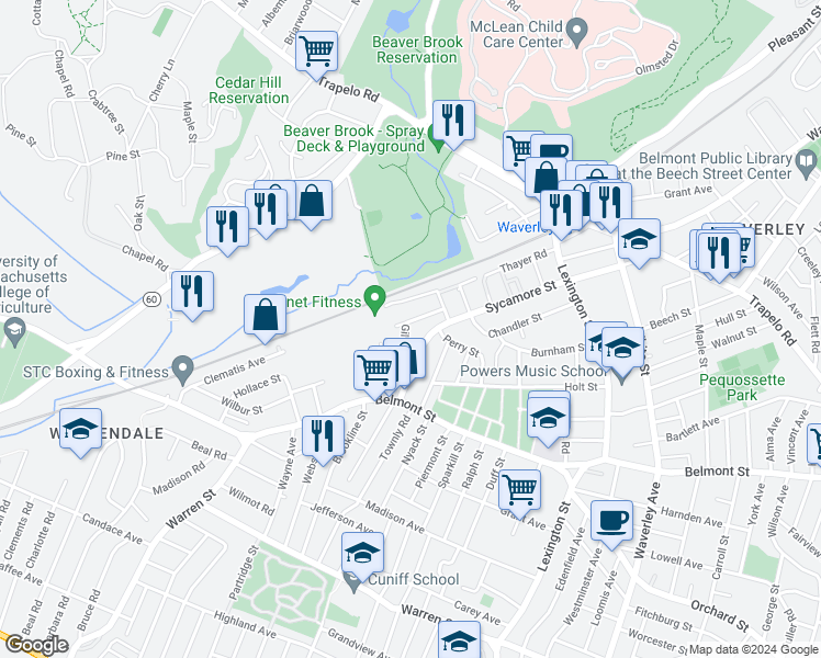 map of restaurants, bars, coffee shops, grocery stores, and more near 41 Circuit Lane in Waltham