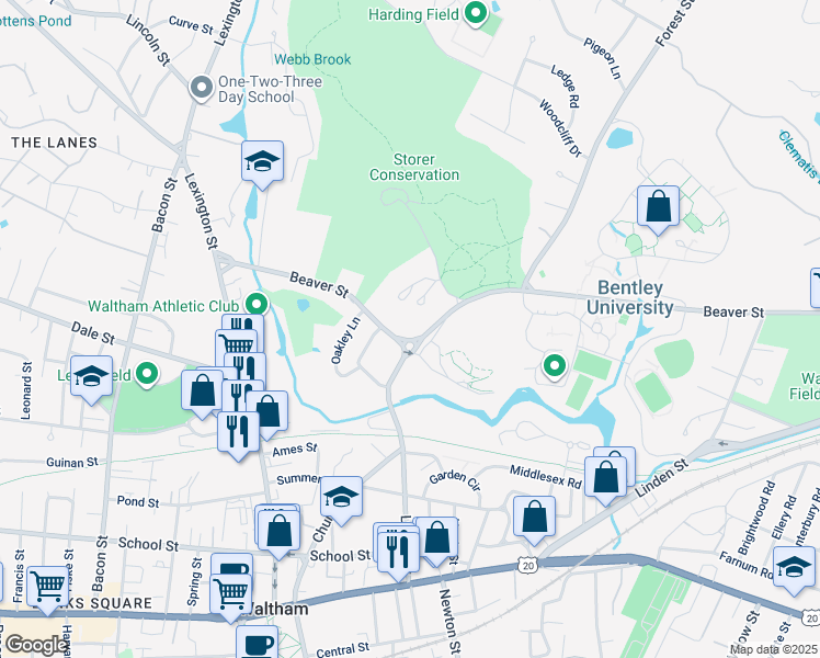 map of restaurants, bars, coffee shops, grocery stores, and more near in Waltham