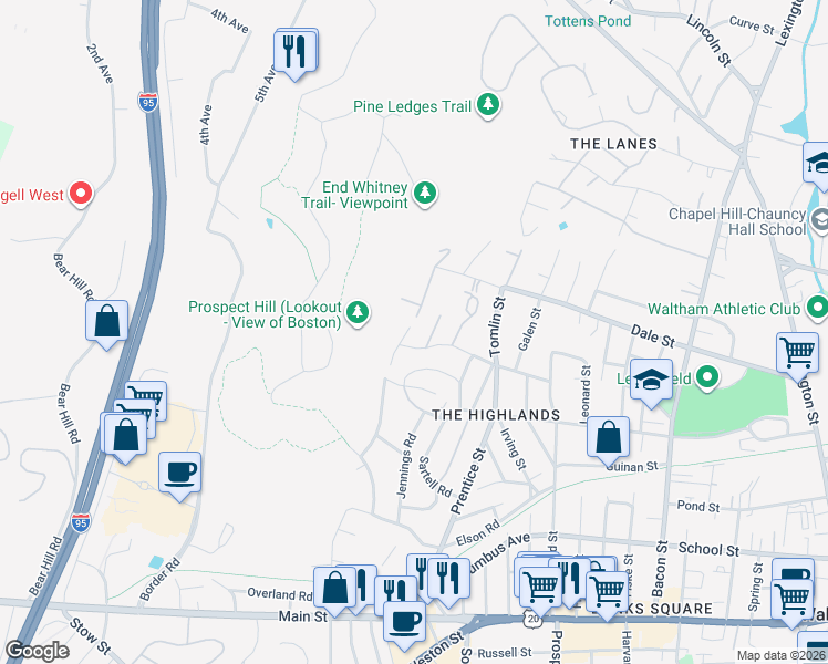 map of restaurants, bars, coffee shops, grocery stores, and more near 104 Summit Street in Waltham