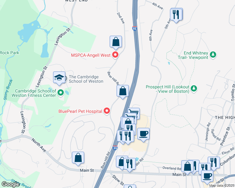 map of restaurants, bars, coffee shops, grocery stores, and more near 220 Bear Hill Road in Waltham