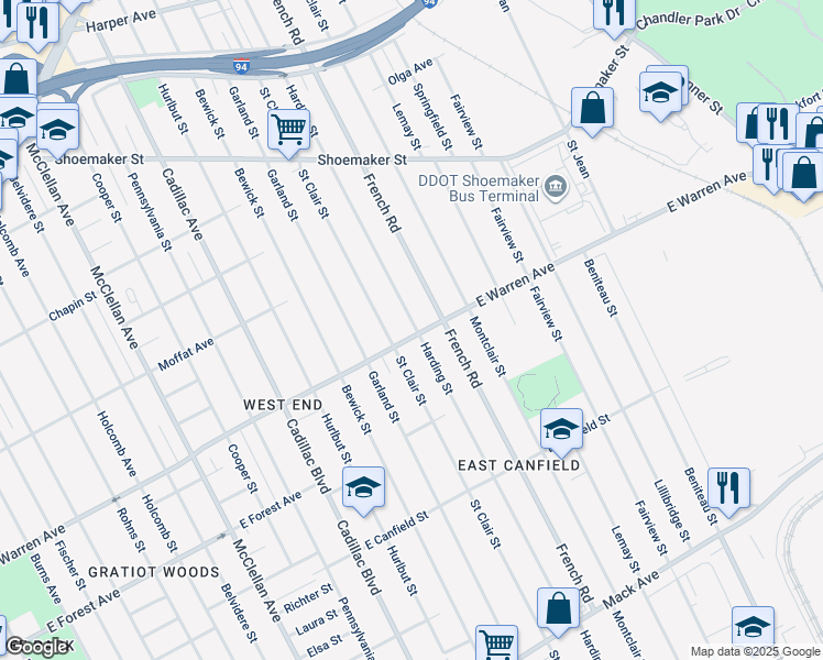 map of restaurants, bars, coffee shops, grocery stores, and more near 10500 East Warren Avenue in Detroit