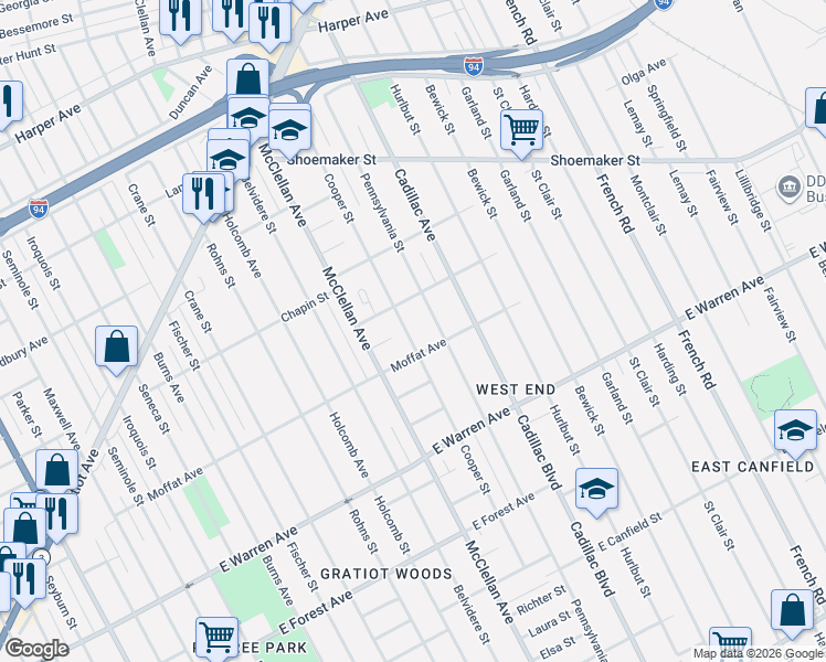 map of restaurants, bars, coffee shops, grocery stores, and more near 5315 Cooper Street in Detroit