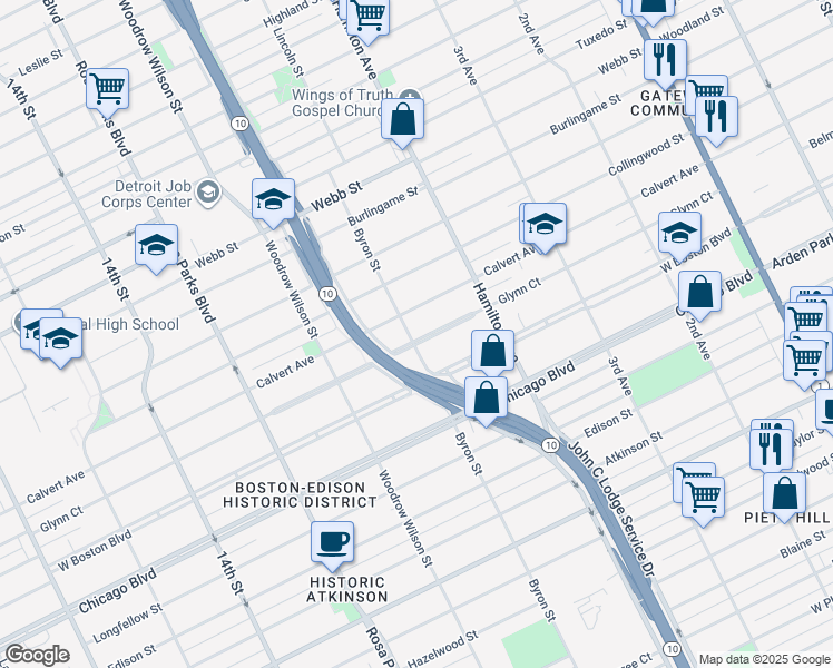 map of restaurants, bars, coffee shops, grocery stores, and more near 1251 Glynn Court in Detroit