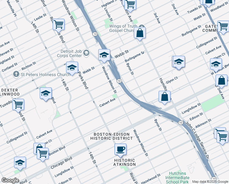 map of restaurants, bars, coffee shops, grocery stores, and more near 1624 Calvert Avenue in Detroit