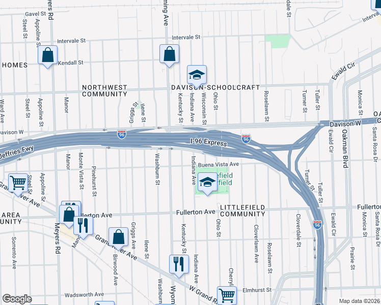 map of restaurants, bars, coffee shops, grocery stores, and more near 13109 Indiana Street in Detroit
