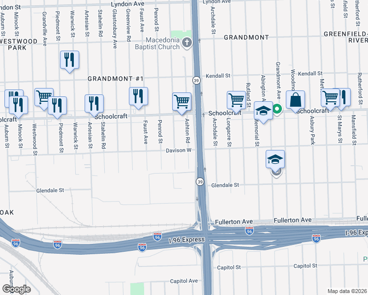 map of restaurants, bars, coffee shops, grocery stores, and more near 12939 Ashton Road in Detroit