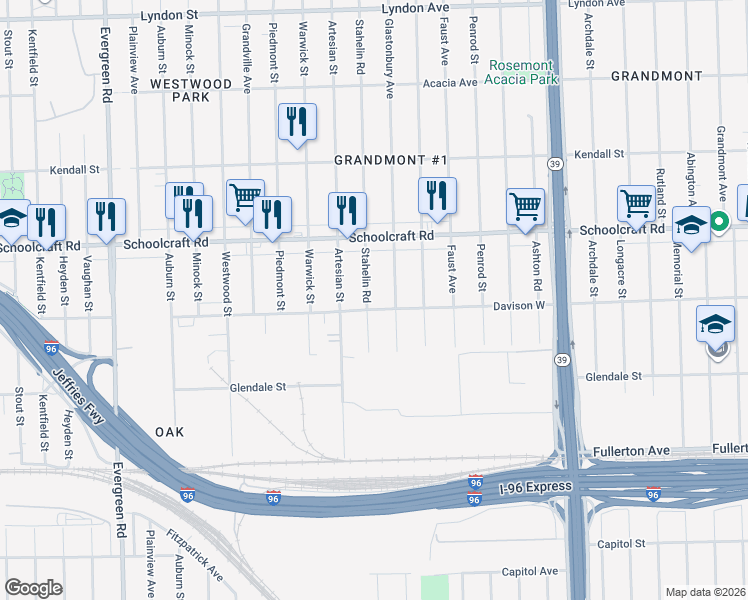 map of restaurants, bars, coffee shops, grocery stores, and more near 12951 Stahelin Road in Detroit