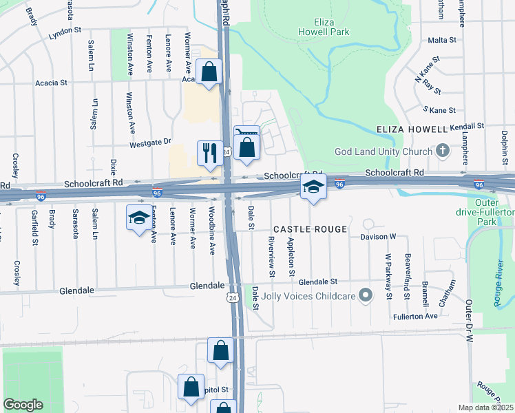 map of restaurants, bars, coffee shops, grocery stores, and more near 13535 Riverview Street in Detroit