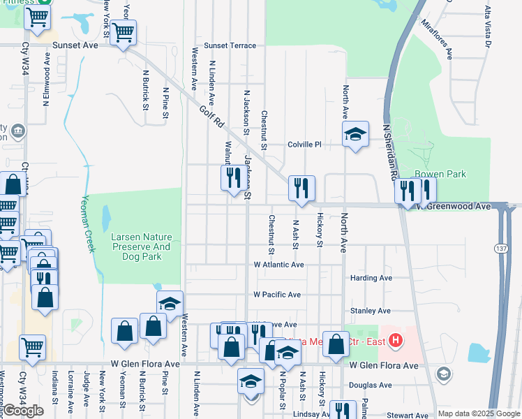 map of restaurants, bars, coffee shops, grocery stores, and more near 1729 North Jackson Street in Waukegan