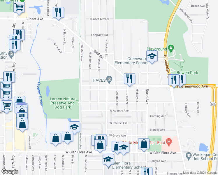 map of restaurants, bars, coffee shops, grocery stores, and more near 1729 North Jackson Street in Waukegan