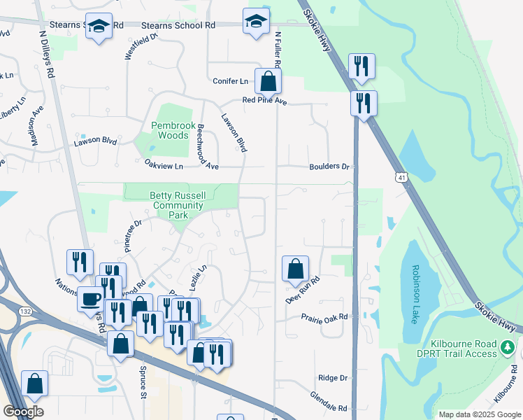map of restaurants, bars, coffee shops, grocery stores, and more near 5139 Eau Claire Court in Gurnee