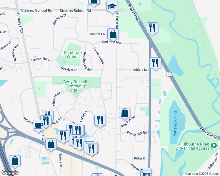 map of restaurants, bars, coffee shops, grocery stores, and more near 5139 Eau Claire Court in Gurnee
