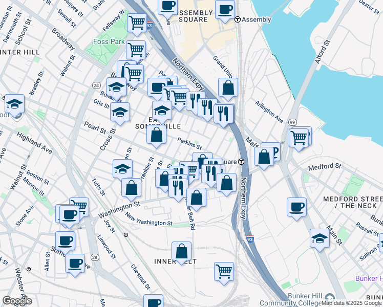 map of restaurants, bars, coffee shops, grocery stores, and more near 19 Wheeler Street in Somerville