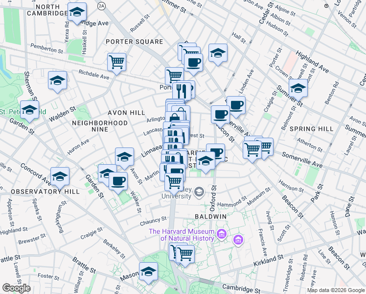 map of restaurants, bars, coffee shops, grocery stores, and more near 1728 Massachusetts Avenue in Cambridge