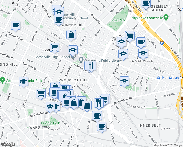 map of restaurants, bars, coffee shops, grocery stores, and more near Highland Ave & Hamlet St in Somerville