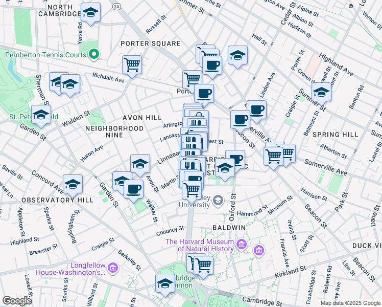 map of restaurants, bars, coffee shops, grocery stores, and more near 1740 Massachusetts Avenue in Cambridge