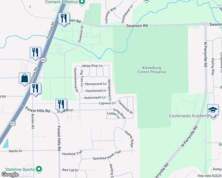 map of restaurants, bars, coffee shops, grocery stores, and more near 8510 Springwood Court in Roscoe
