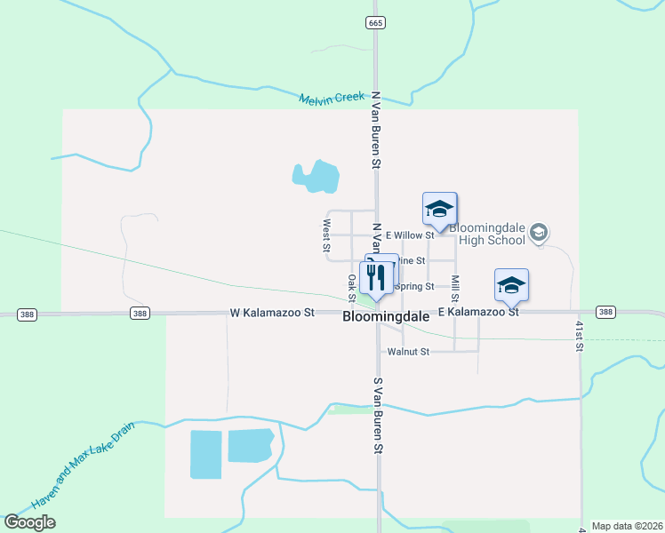 map of restaurants, bars, coffee shops, grocery stores, and more near 201 West Spring Street in Bloomingdale