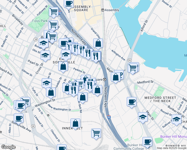 map of restaurants, bars, coffee shops, grocery stores, and more near 124 Mount Pleasant Street in Somerville