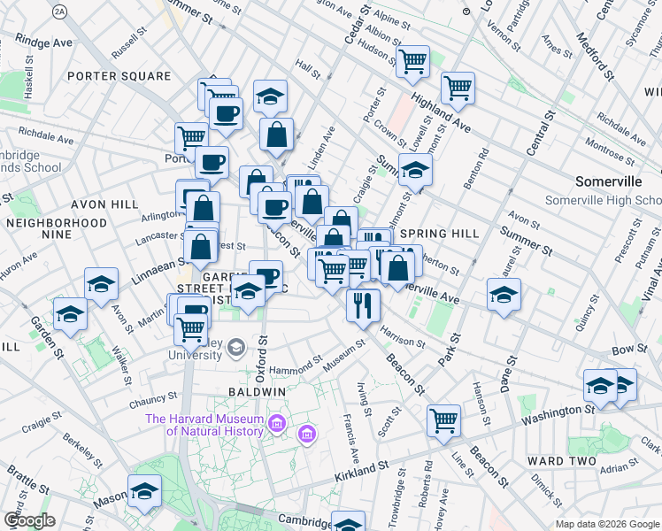 map of restaurants, bars, coffee shops, grocery stores, and more near in Somerville