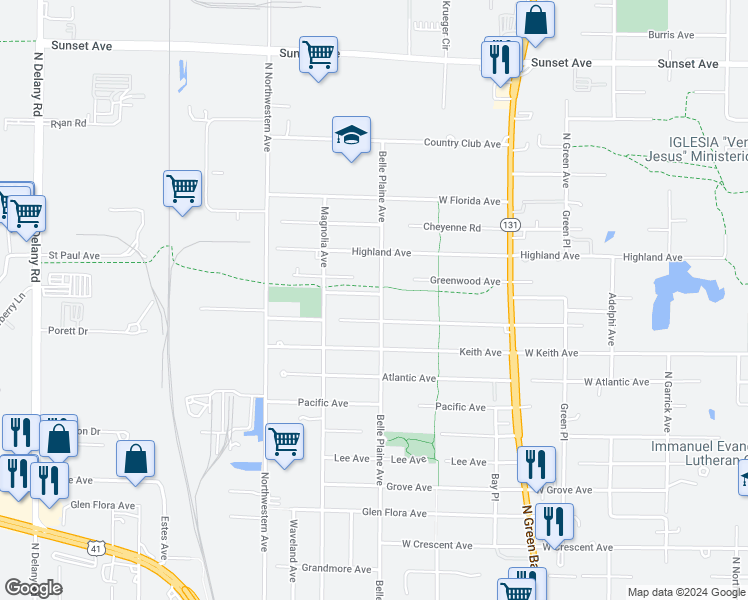 map of restaurants, bars, coffee shops, grocery stores, and more near 3601 Clearview Avenue in Gurnee