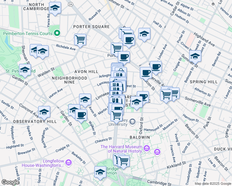 map of restaurants, bars, coffee shops, grocery stores, and more near 1740 Massachusetts Avenue in Cambridge
