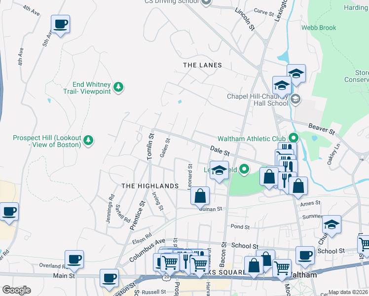 map of restaurants, bars, coffee shops, grocery stores, and more near 5 Lord Street in Waltham