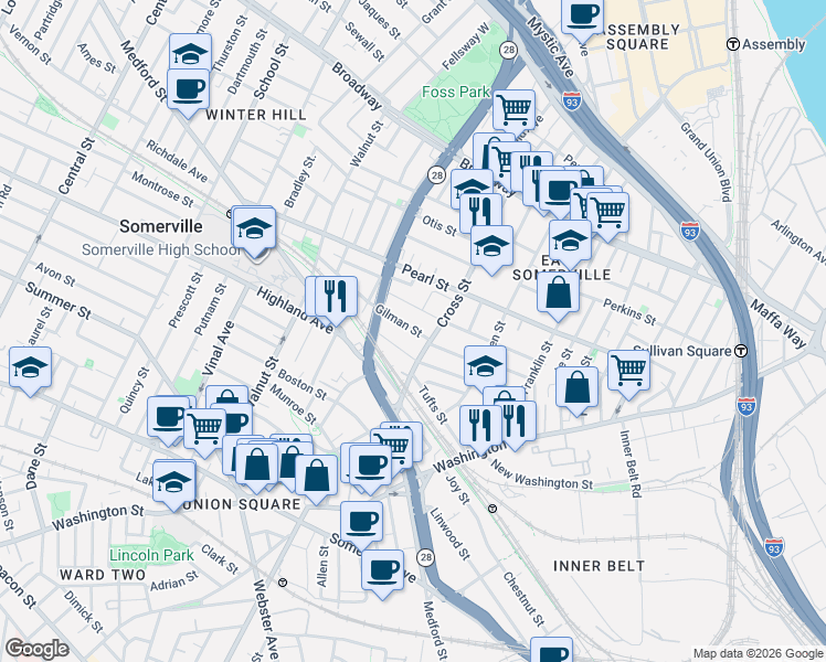 map of restaurants, bars, coffee shops, grocery stores, and more near 115 Cross Street in Somerville