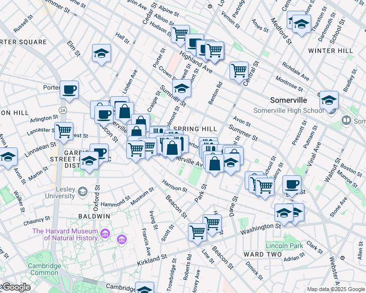 map of restaurants, bars, coffee shops, grocery stores, and more near 593 Somerville Avenue in Somerville
