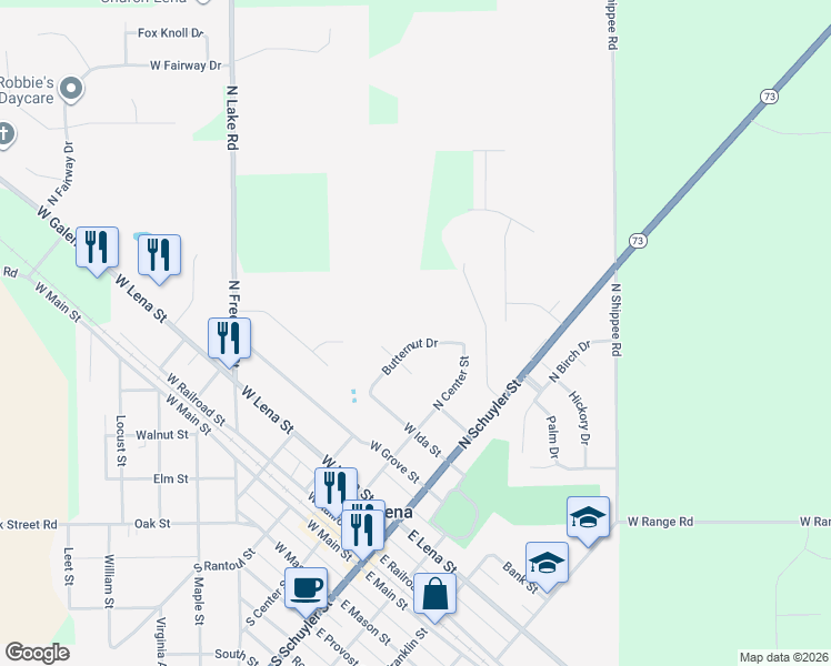 map of restaurants, bars, coffee shops, grocery stores, and more near 219 Butternut Drive in Lena