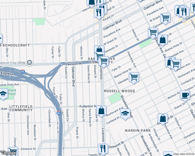 map of restaurants, bars, coffee shops, grocery stores, and more near 13130 Stoepel Street in Detroit
