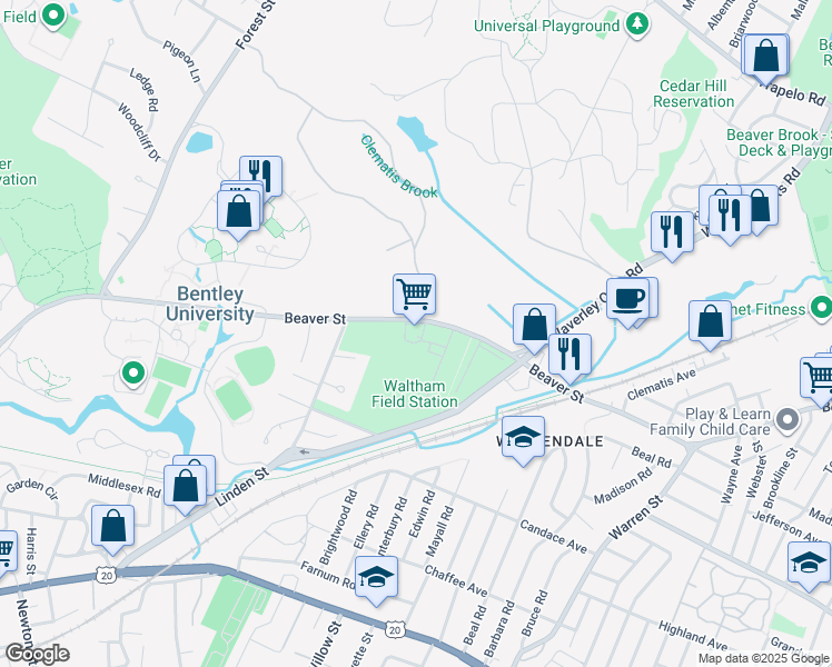 map of restaurants, bars, coffee shops, grocery stores, and more near 240 Beaver Street in Waltham