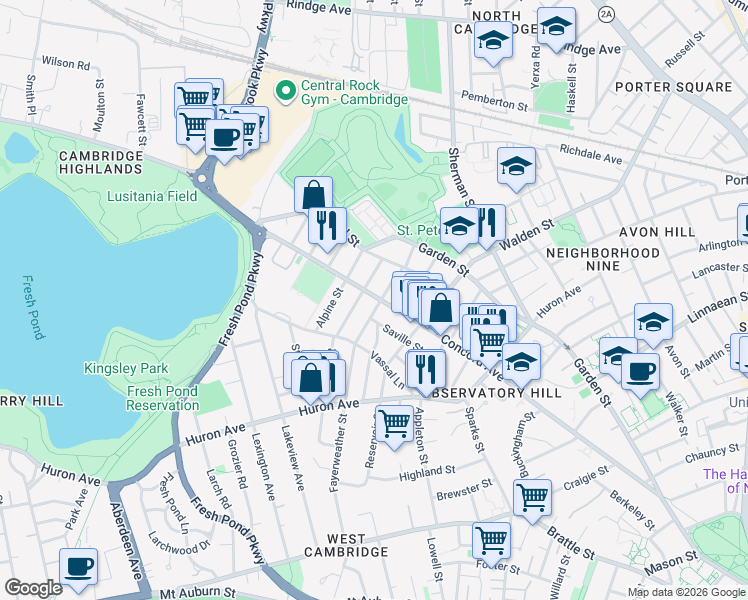 map of restaurants, bars, coffee shops, grocery stores, and more near in Cambridge