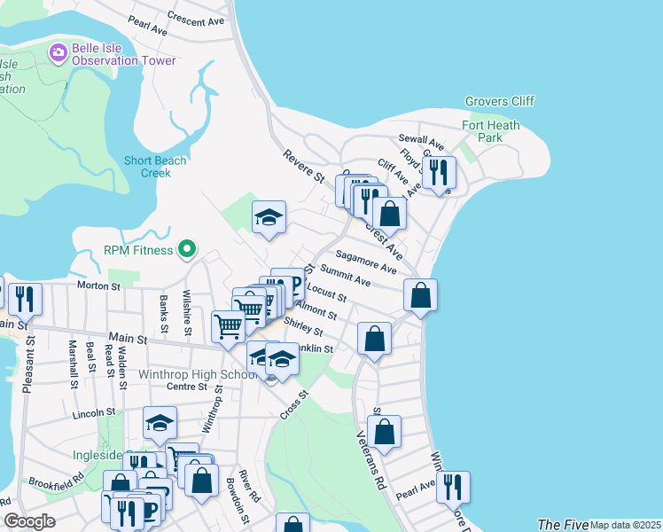 map of restaurants, bars, coffee shops, grocery stores, and more near 46 Locust Street in Winthrop