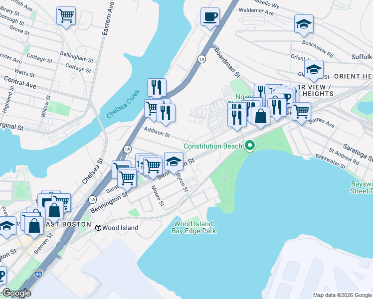 map of restaurants, bars, coffee shops, grocery stores, and more near 791 Saratoga Street in Boston