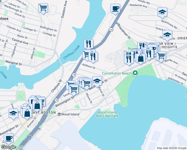 map of restaurants, bars, coffee shops, grocery stores, and more near 754 Saratoga Street in Boston