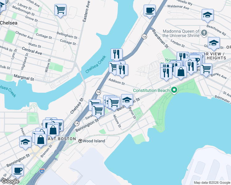 map of restaurants, bars, coffee shops, grocery stores, and more near 754 Saratoga Street in Boston