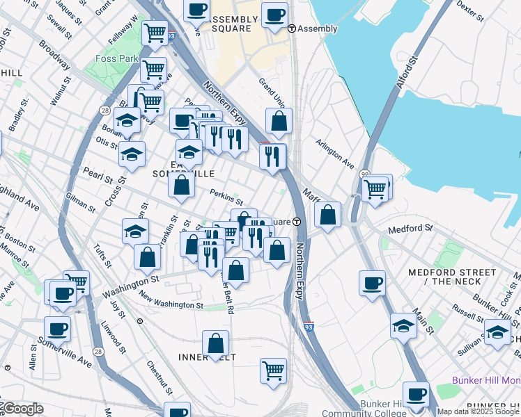 map of restaurants, bars, coffee shops, grocery stores, and more near 18 Parker Street in Boston
