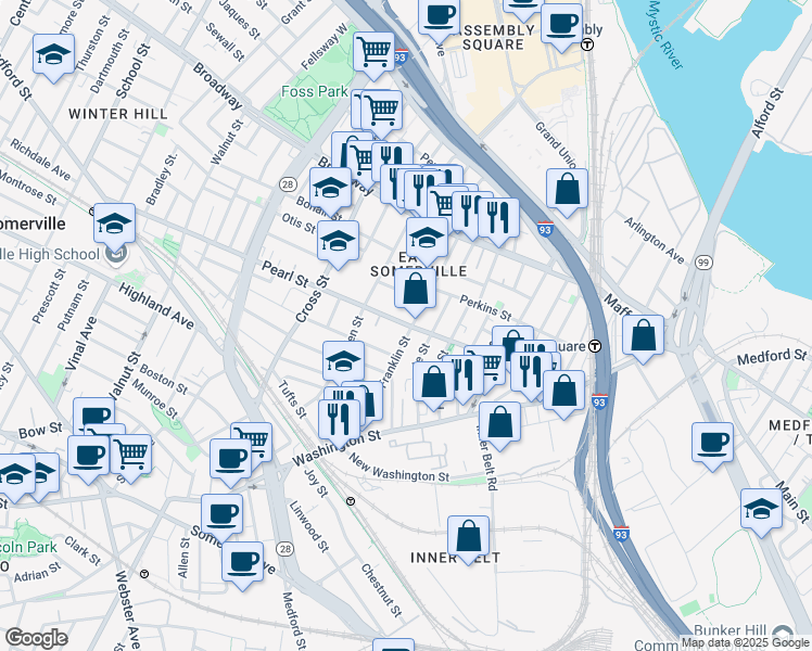 map of restaurants, bars, coffee shops, grocery stores, and more near 49 Franklin Street in Somerville