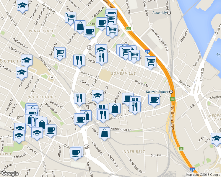map of restaurants, bars, coffee shops, grocery stores, and more near 28 Flint Street in Somerville