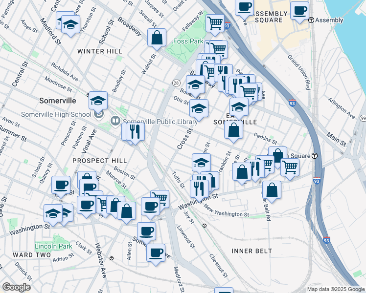 map of restaurants, bars, coffee shops, grocery stores, and more near 47 Oliver Street in Somerville