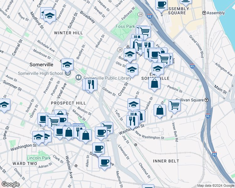 map of restaurants, bars, coffee shops, grocery stores, and more near 115 Cross Street in Somerville